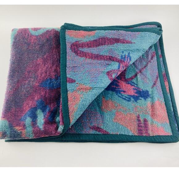 Biederlack Retro 90s Design Reversible Blanket Geometric Purple Teal Jazz Swirl - Picture 2 of 10